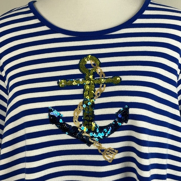 Quacker Factory Blue Stripe Sequin Anchor T-shirt Nautical Sailor Sz XL Cruise - Picture 3 of 13